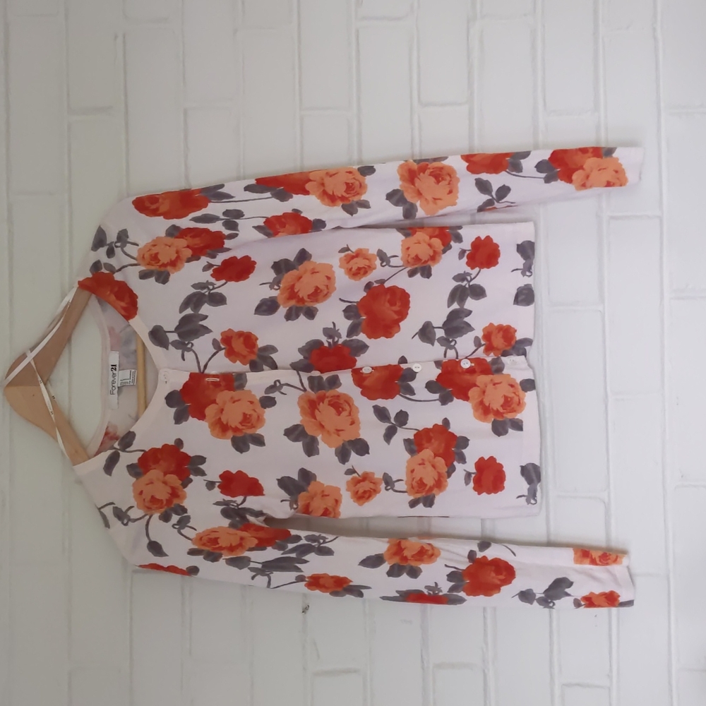 Forever 21 cotton deep orange roses long-sleeved cardigan